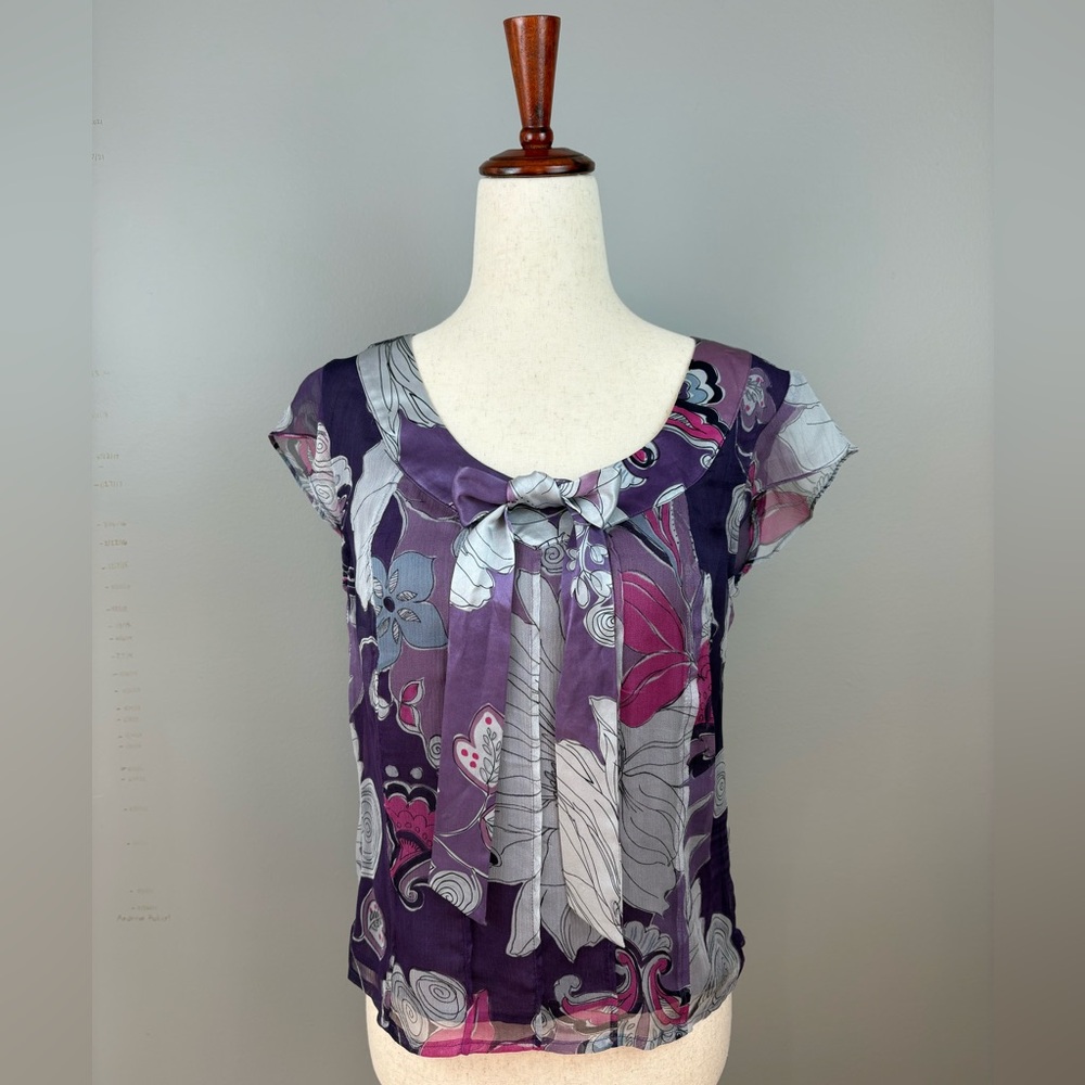 Silk Blouse by Worthington Sz 4 Purple Grey Blue Floral Bow Tie Flutter Sleeve